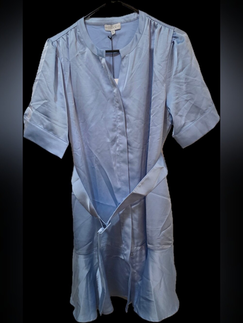 Sedge Light Blue Short Sleeve Shirt Dress with Tie